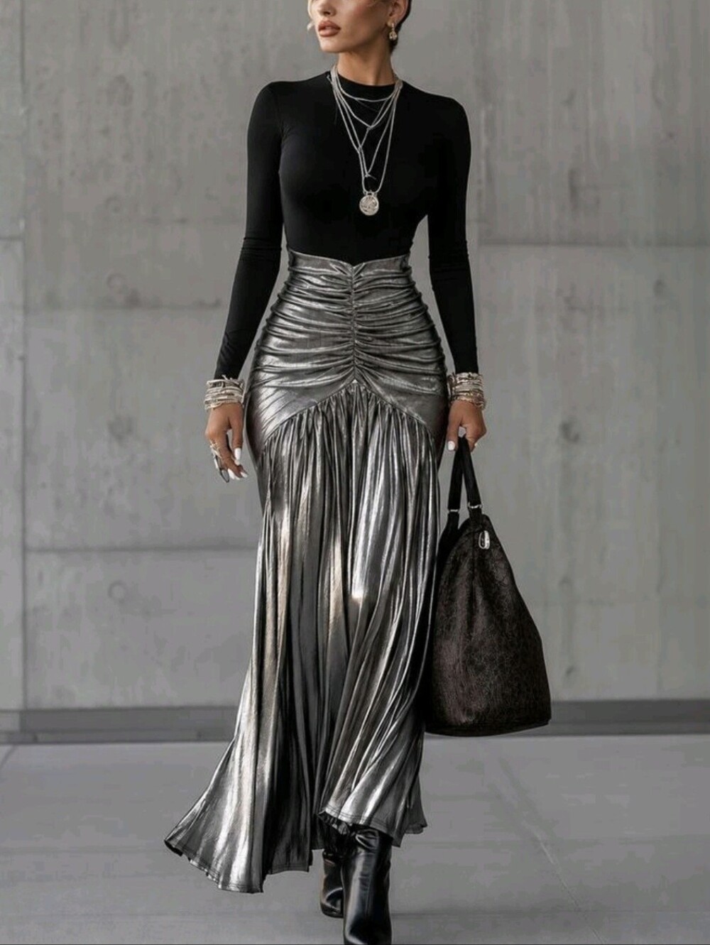 Women's Luxury Metallic Colorblock Maxi Dress, Elegant Black Long Sleeve Ruched